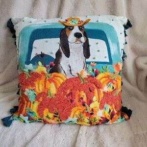 Pioneer Woman Pillow 18x18” Charlie Hound Dog Autumn Pumpkin Tassle Embroidered